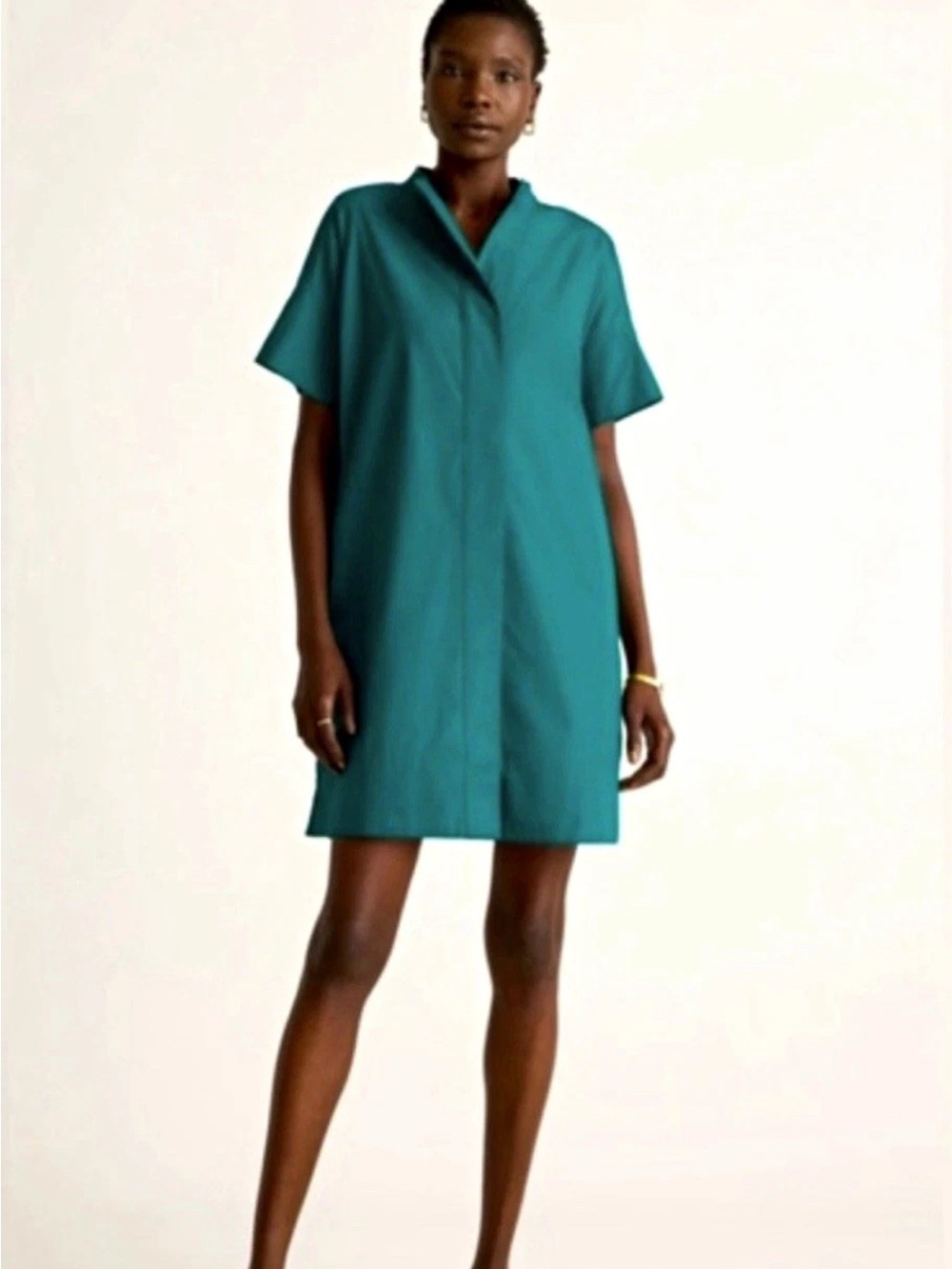 Quince Women's Teal Cotton Woven Button Front Shirt Dress Short Sleeve L